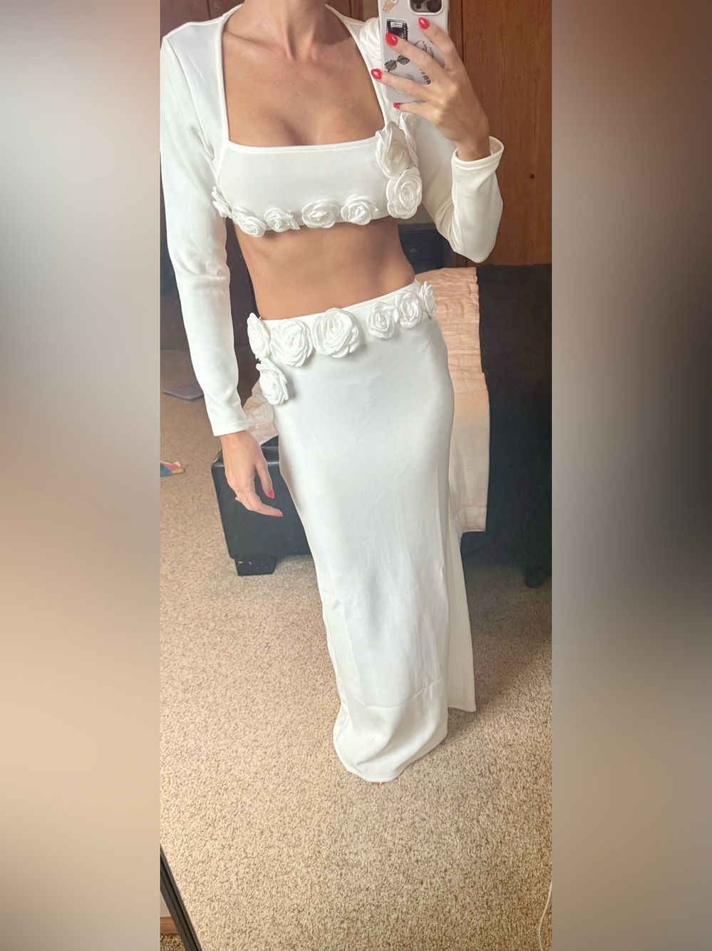 White Floral-Appliqué Maxi Skirt